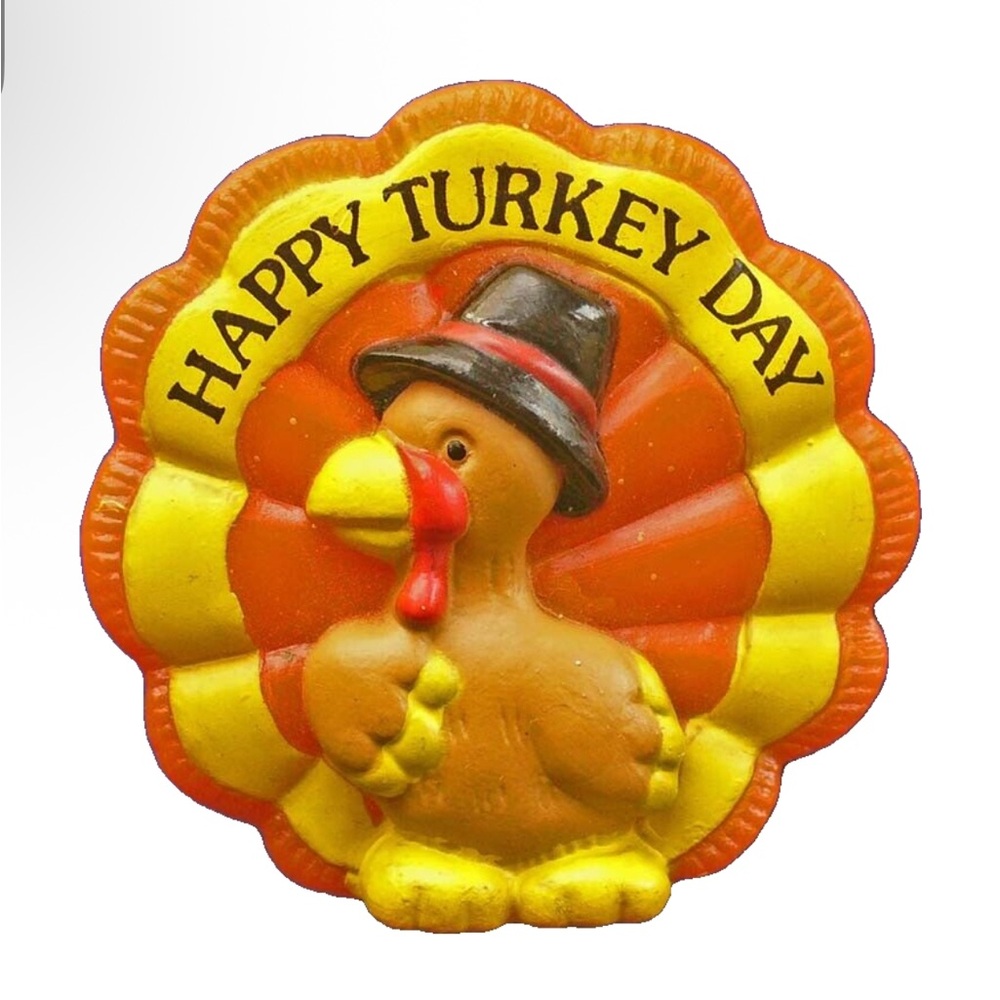 Russ PIN Thanksgiving Vintage TURKEY Pilgrim HAPPY DAY 1980s Holiday ORANGE